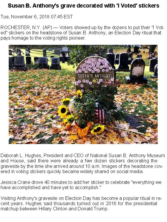 Susan B Anthony grave decorated with I Voted stickers